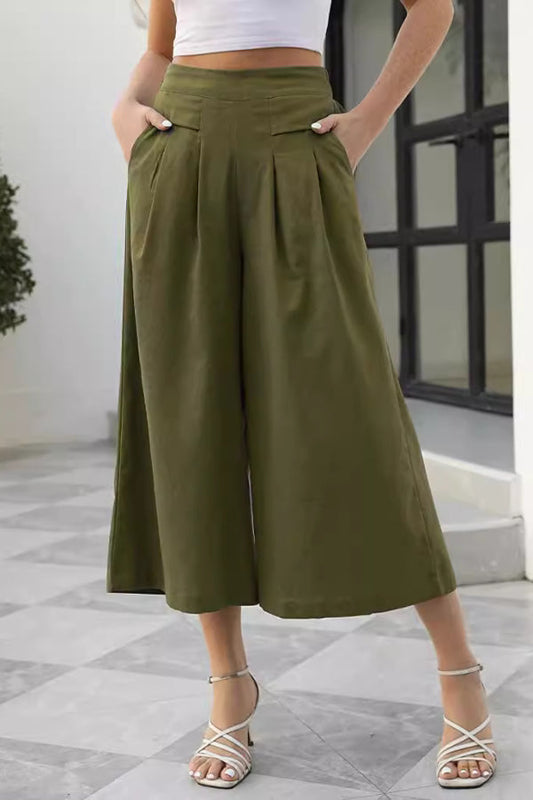 Faldas, tacto algodón, cintura elástica, pierna ancha, pantalones de nueve puntos, ropa de trabajo con bolsillos, pantalones casuales, sueltos