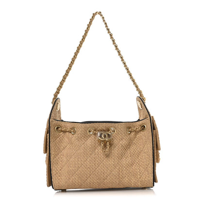 Braided Raffia Calfskin Quilted Mini Chanel 25 Handbag Beige Black