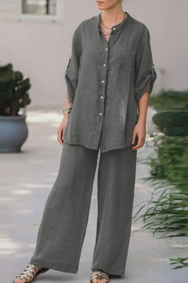 Conjunto de camisa y pantalón de color liso holgado informal