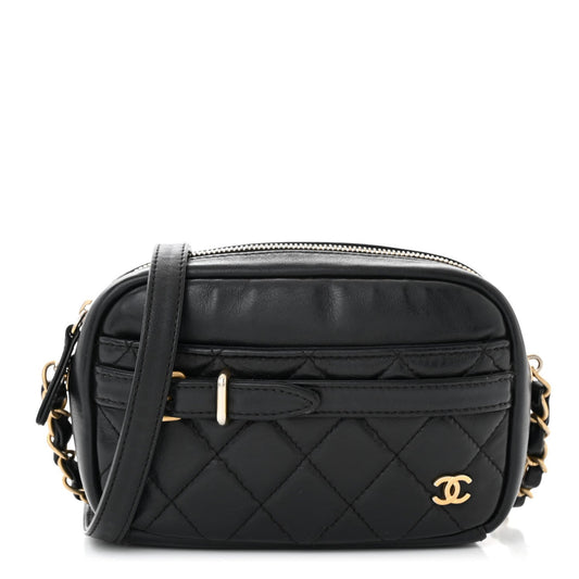 Lambskin Quilted Small Buckle Camera Case Bag Black