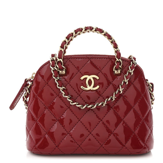 Patent Calfskin Quilted Shiny Coco Clutch With Chain Red