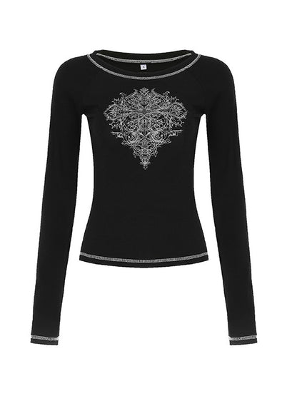 Black Vintage Print Long Sleeves Tee