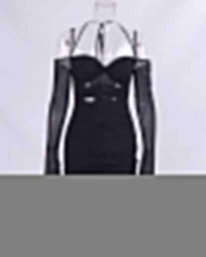 Suspender Pleated Hollow Tight Halterneck Bodycon Dress
