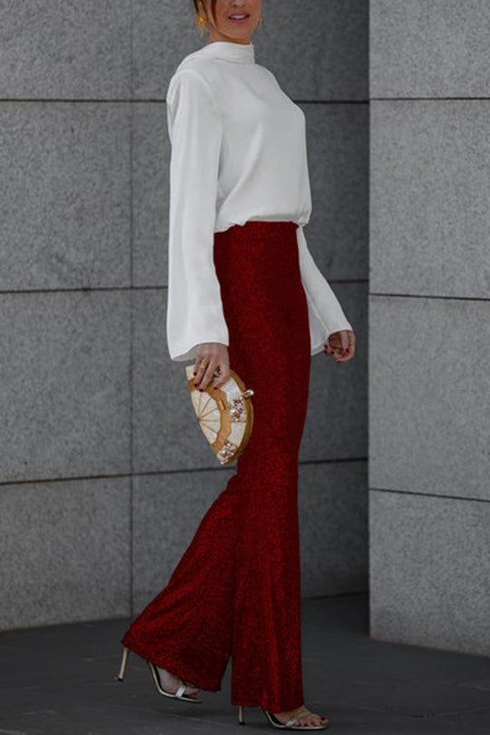 Pantalones acampanados de cintura elástica y tiro alto con lentejuelas de terciopelo Diva