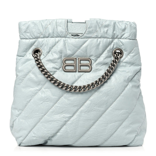 Crushed Calfskin Quilted Crush Small Tote Bag Light Blue