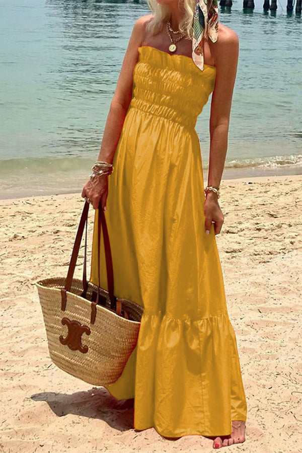 Vestido largo playero bandeau plisado con estampado playero