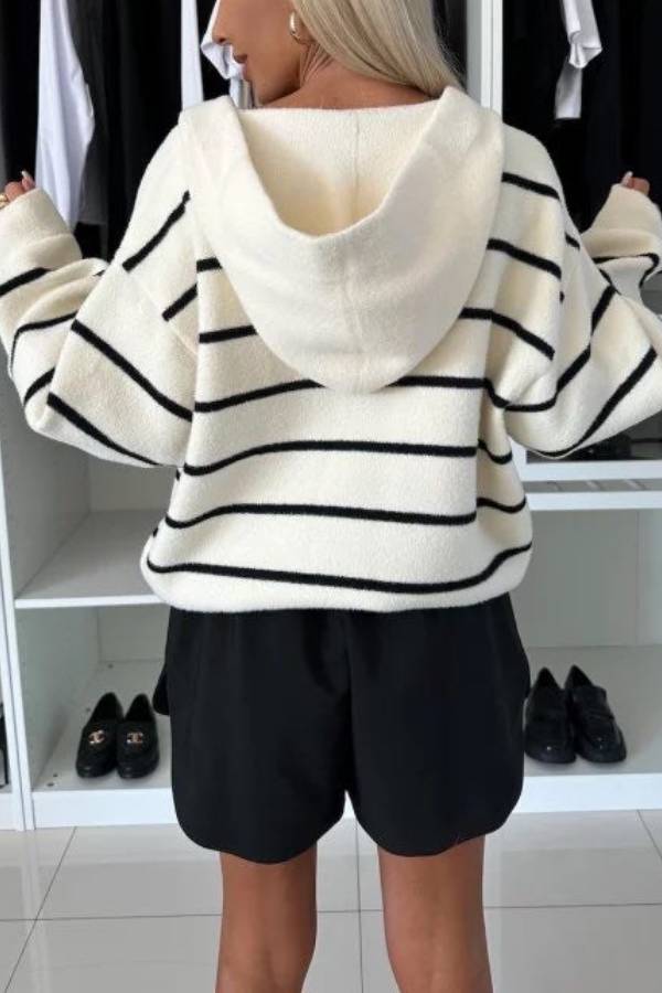 Cárdigan holgado con capucha, bolsillos y botones a rayas, de moda y confort