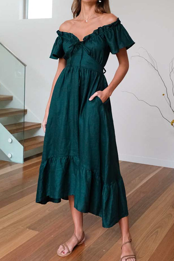 VESTIDO MIDI CON HOMBROS DESCUBIERTOS Y BORDES CON VOLANTES