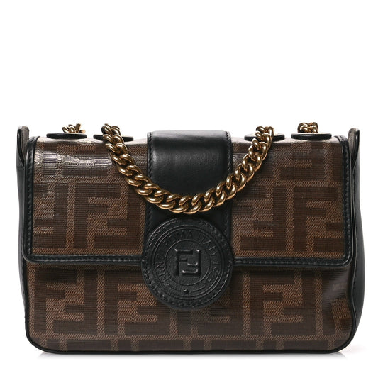 Glazed Fabric Vitello Century FF 1974 Stamp Patch Mini Double F Crossbody Bag Mogano Panna Black