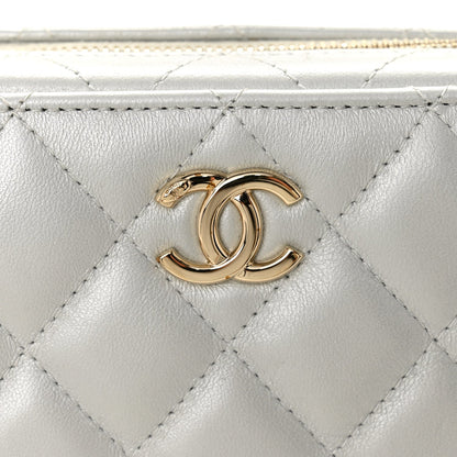 Metallic Lambskin Quilted Top Handle Vanity Case Silver