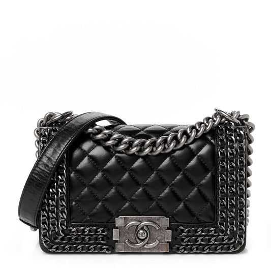 Glazed Calfskin Quilted Small Boy Chained Flap Black