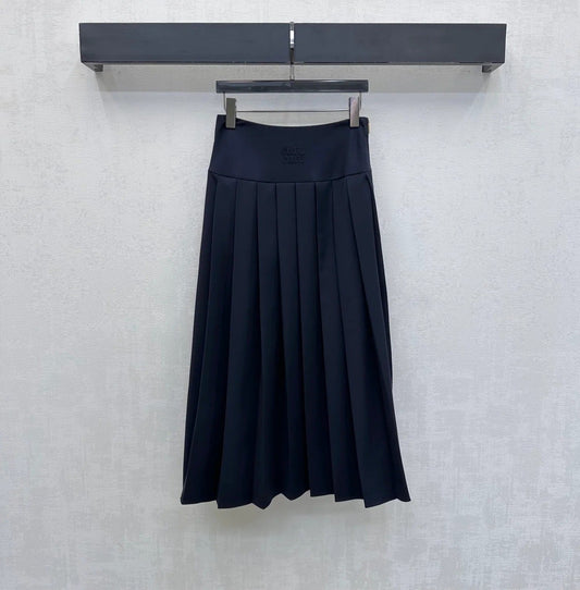 Miumiu 2026 Leather-buckled Pleated Midi Skirt Navy Blue Cotton 356069
