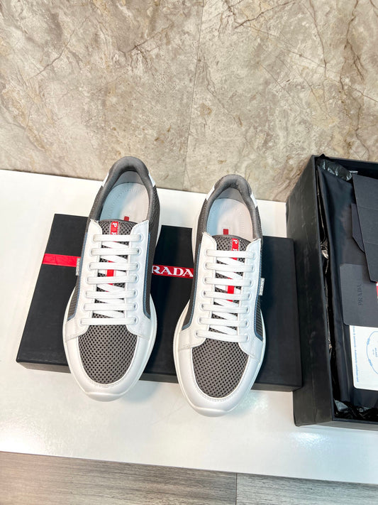 PRA SNEAKER WHITE CALFSKIN AND WOOD BROWN MESH FABRIC