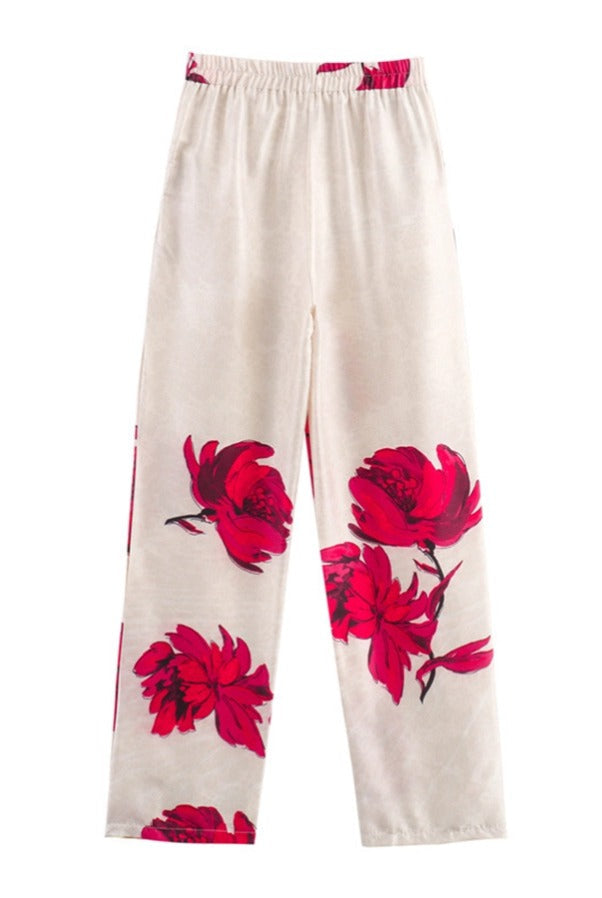Pantalones de satén con estampado floral, cintura alta y bolsillos elásticos para asistencia especial