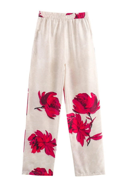 Pantalones de satén con estampado floral, cintura alta y bolsillos elásticos para asistencia especial