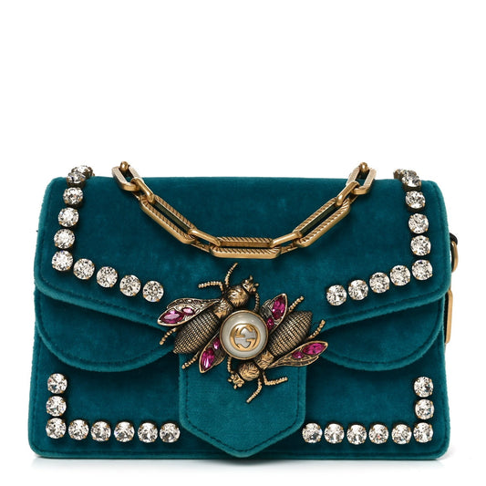 Velvet Crystal Mini Bee Broadway Shoulder Bag Pavone Cyan
