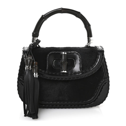 Pony Hair New Bamboo Medium Top Handle Bag Black