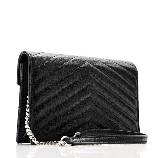 Grain De Poudre Matelasse Chevron Monogram Envelope Chain Wallet Black