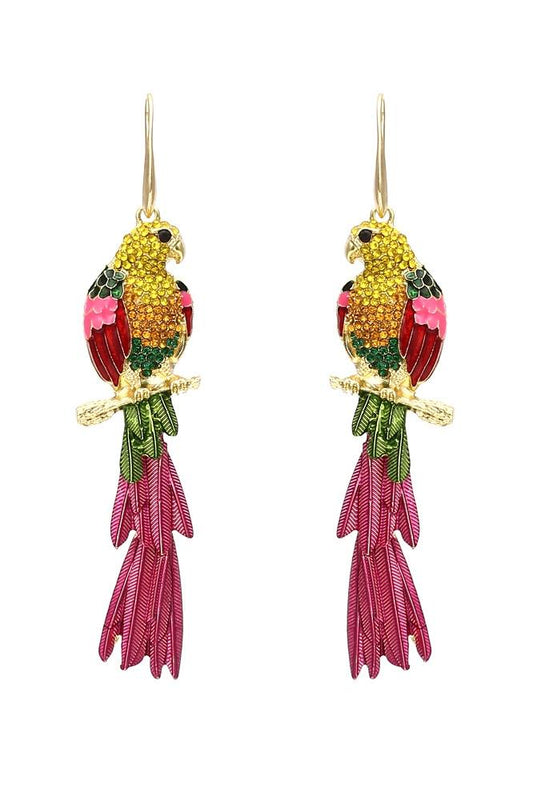 Pendientes de borlas con forma de loro y diamantes 