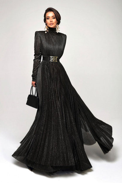 Vestido largo plisado con cinturón metalizado Elsie 