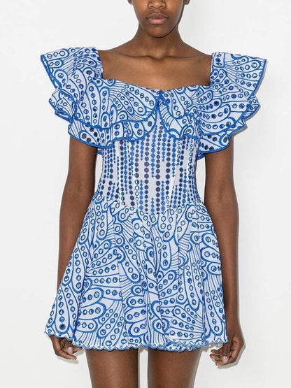 Vestido mini con vuelo y corpiño con volantes y encaje bordado Dolly 
