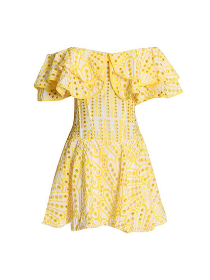 Vestido mini con vuelo y corpiño con volantes y encaje bordado Dolly 