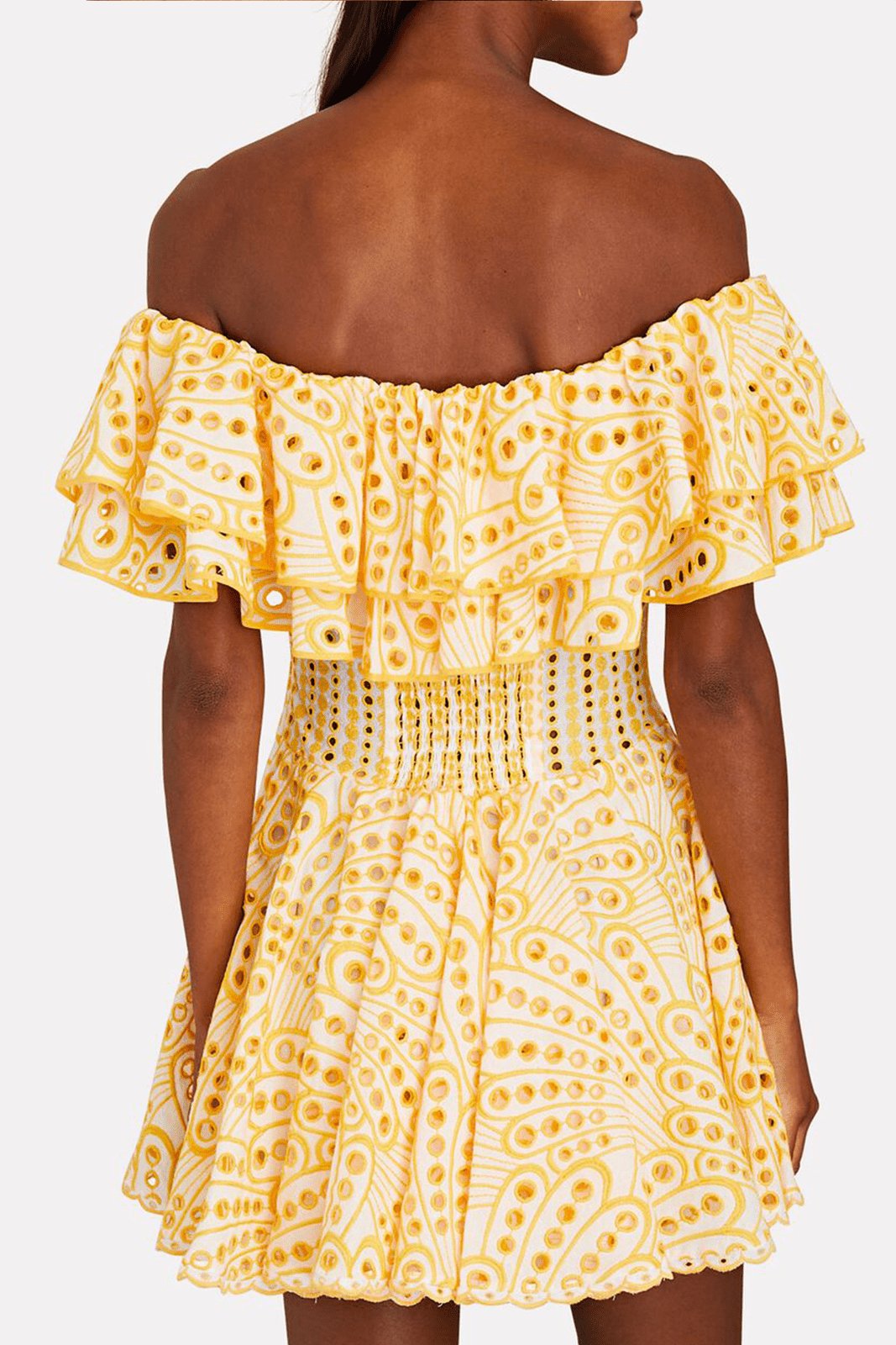 Vestido mini con vuelo y corpiño con volantes y encaje bordado Dolly 
