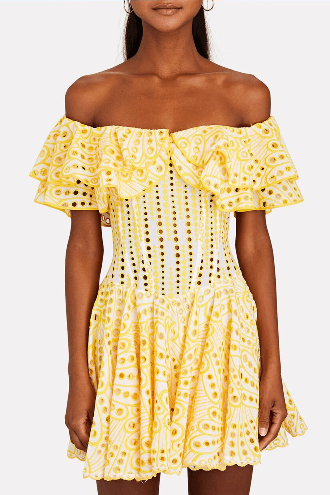 Vestido mini con vuelo y corpiño con volantes y encaje bordado Dolly 