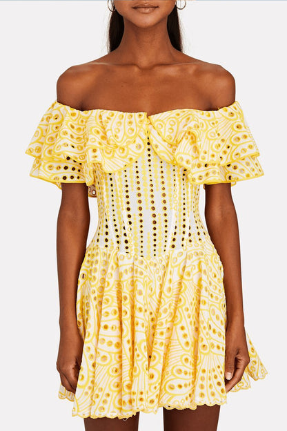 Vestido mini con vuelo y corpiño con volantes y encaje bordado Dolly 