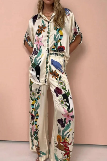 Boho Natureza Printed Satin Shirt & Pants Set