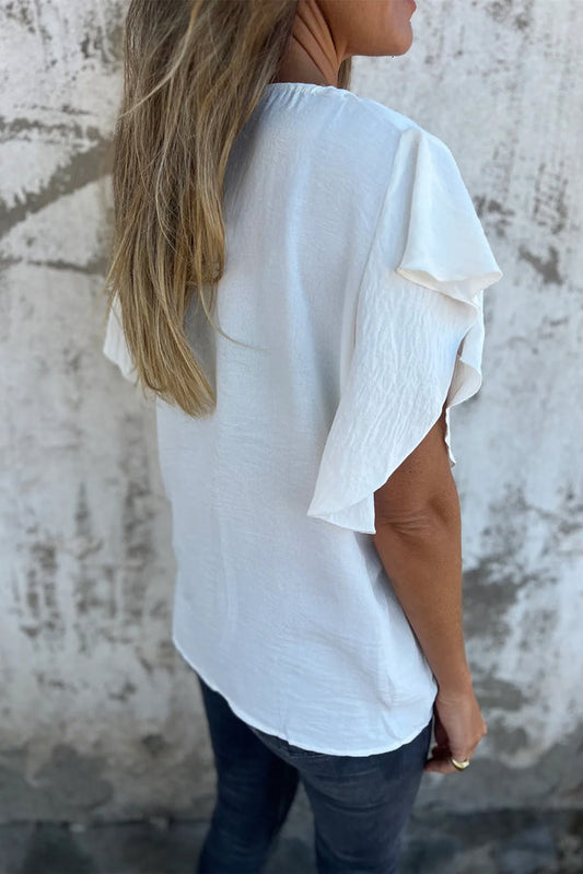 White Solid Color V-Neck Ruffle Short Sleeve Blouse
