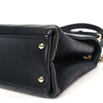 Grained Calfskin Chevron Stitched Small Chic Top Handle Flap Black