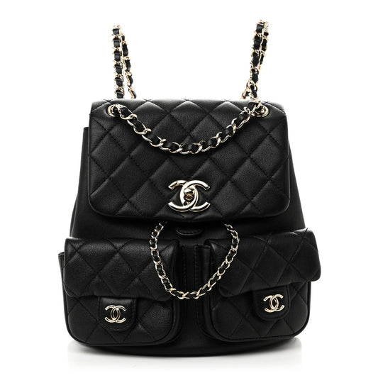 Calfskin Quilted Medium Duma Pockets Drawstring Backpack Black