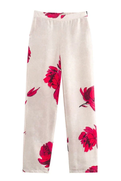 Pantalones de satén con estampado floral, cintura alta y bolsillos elásticos para asistencia especial