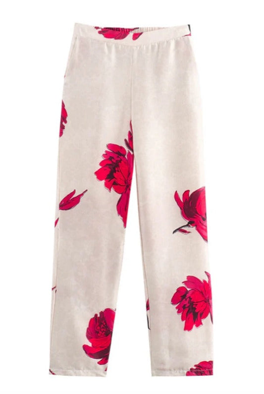 Pantalones de satén con estampado floral, cintura alta y bolsillos elásticos para asistencia especial