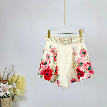 FLORAL PRINTED PLEATED BELTED SHORTS