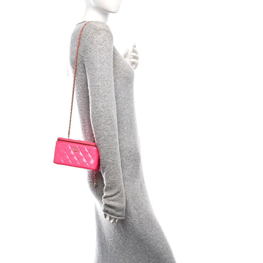 Patent Quilted Pearl Crush Small Vanity Case With Chain Neon Pink