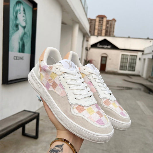 LV Groovy Sneaker White Pink Yellow Damier Canvas Suede 597684