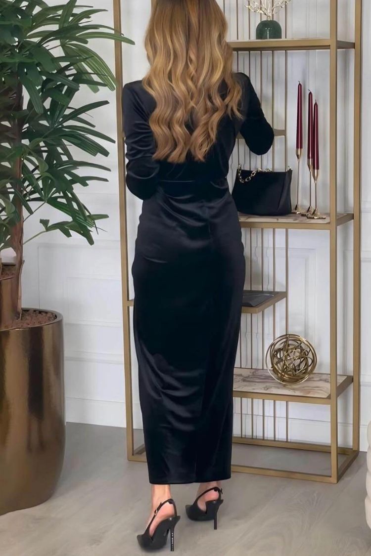 Vestido largo de fiesta clásico elegante con pliegues y abertura en V profundo