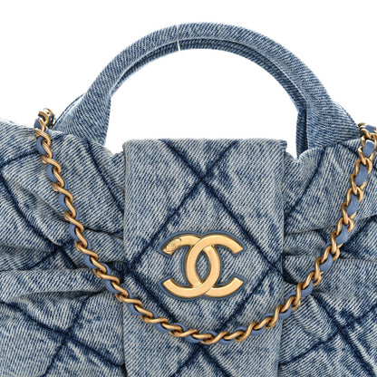 Washed Denim Quilted Mini Bow Bag Blue