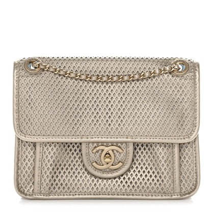 Metallic Perforated Calfskin Small Up In The Air Flap Light Gold