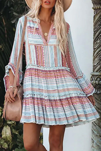 Vestido corto informal holgado de manga corta con cuello en V y estampado retro 