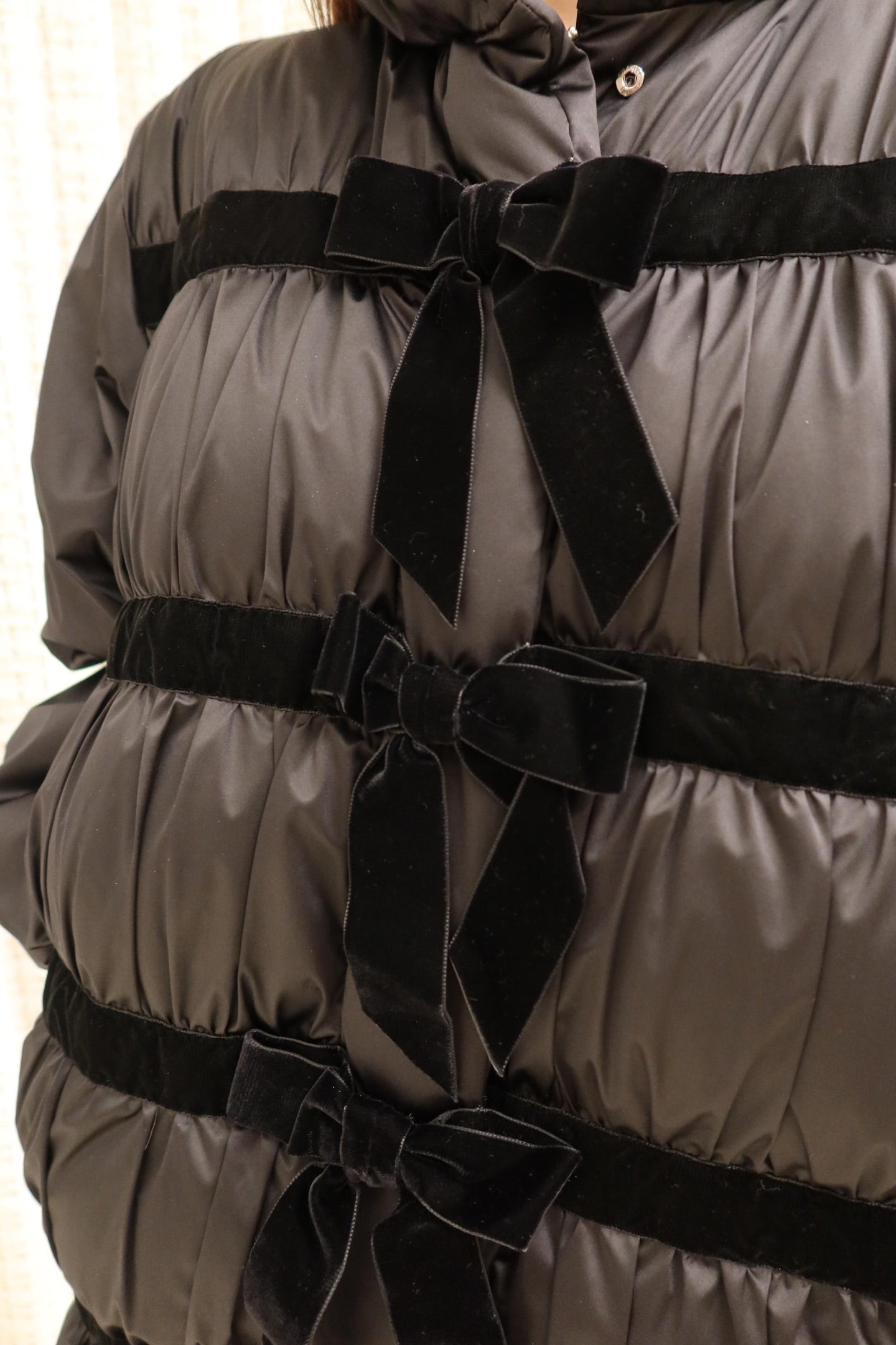 CC Velvet Bow-Tie Long Down Black Jacket