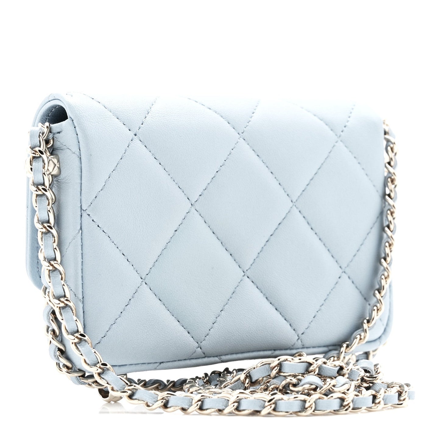 Lambskin Quilted Chain Around Coin Purse With Chain Light Blue