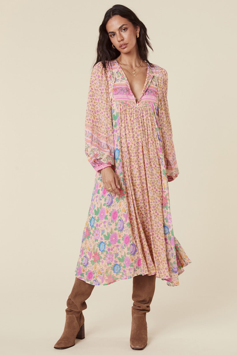 Vestido campesino midi holgado con estampado de empalme Aditi 