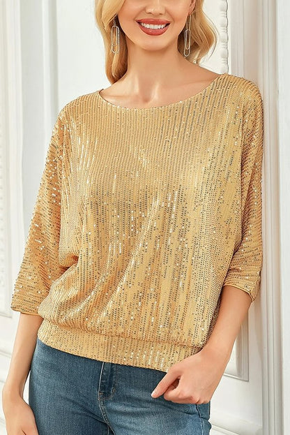 Top casual holgado de cuello redondo con lentejuelas de color liso