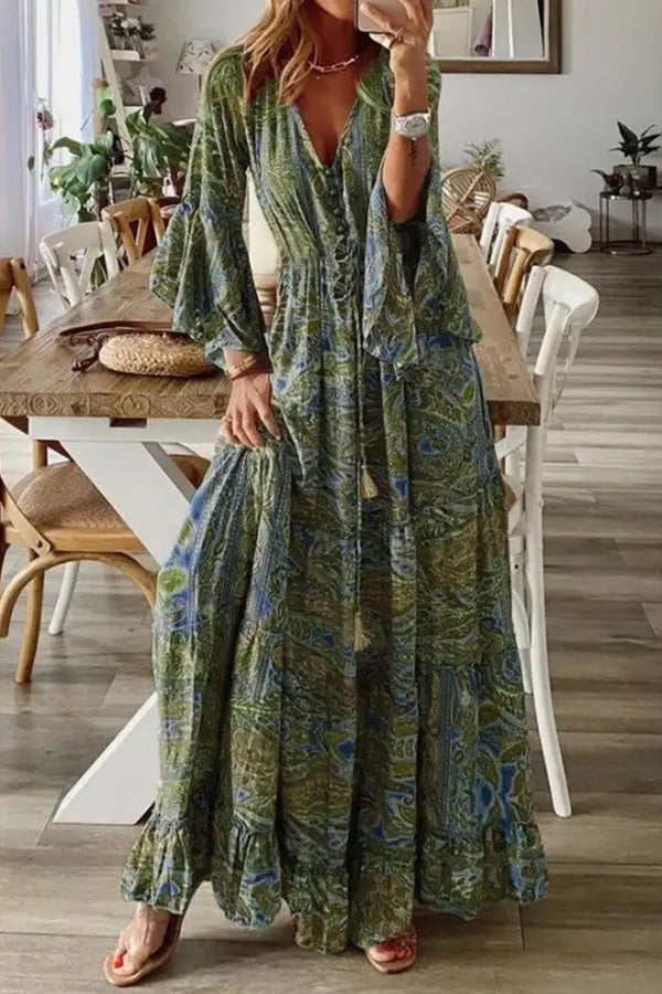 Vestido maxi de vacaciones de manga larga con cuello en V y estampado peris suelto