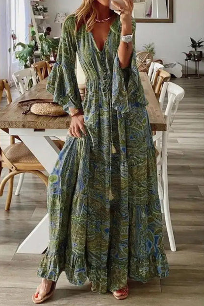 Vestido maxi de vacaciones de manga larga con cuello en V y estampado peris suelto