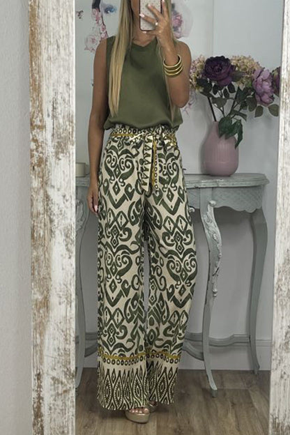 Pantalones con estampado tótem étnico y lazo en la cintura GALA