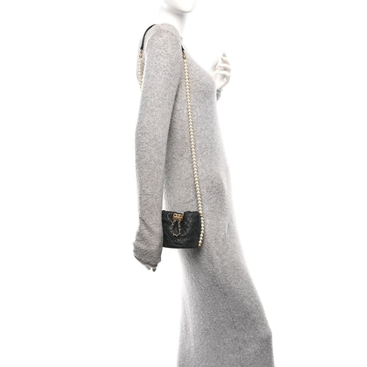 Calfskin Quilted Pearl Mini About Pearls Drawstring Bucket Bag Black